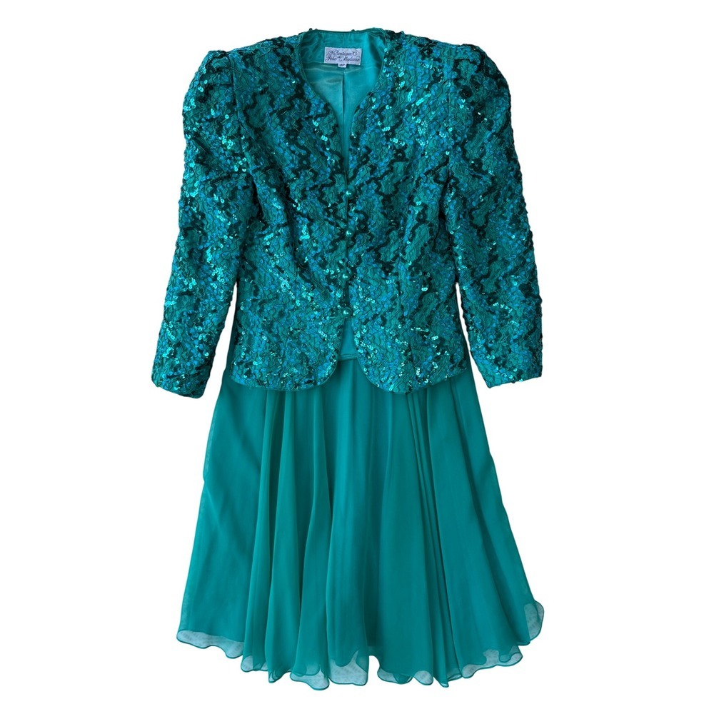 Vintage Boutique Jolie de Madame Emerald Sequin 2-Piece Formal Suit Size 8P